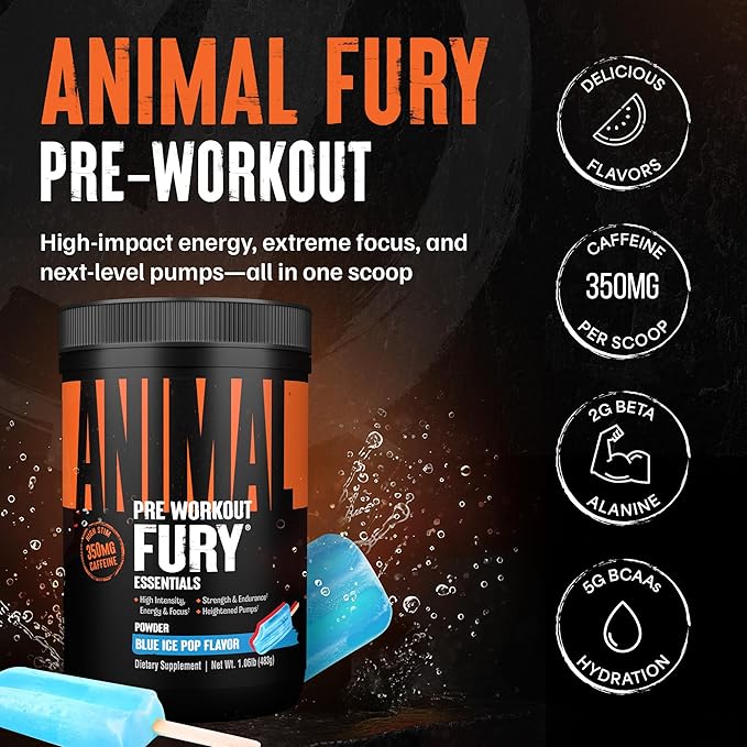 Animal Fury Pre Workout Powder – Blue Ice Pop, 350mg Caffeine, BCAA Amino Acids, 2g Beta Alanine, Citrulline & Tyrosine, Energy, Focus, Strength, Endurance, Preworkout for Men & Women, 30 Servings