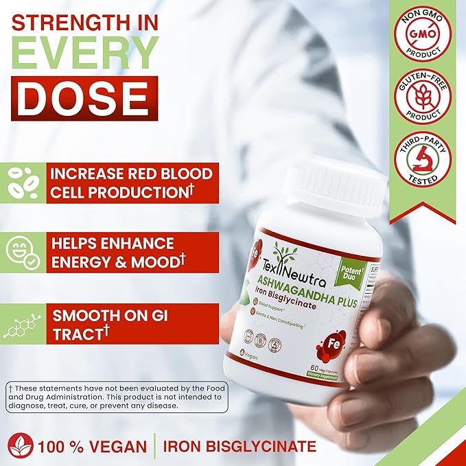 Ashwagandha with Iron Bisglycinate - 300mg & Bioavailable Iron 10mg - 60 Capsules