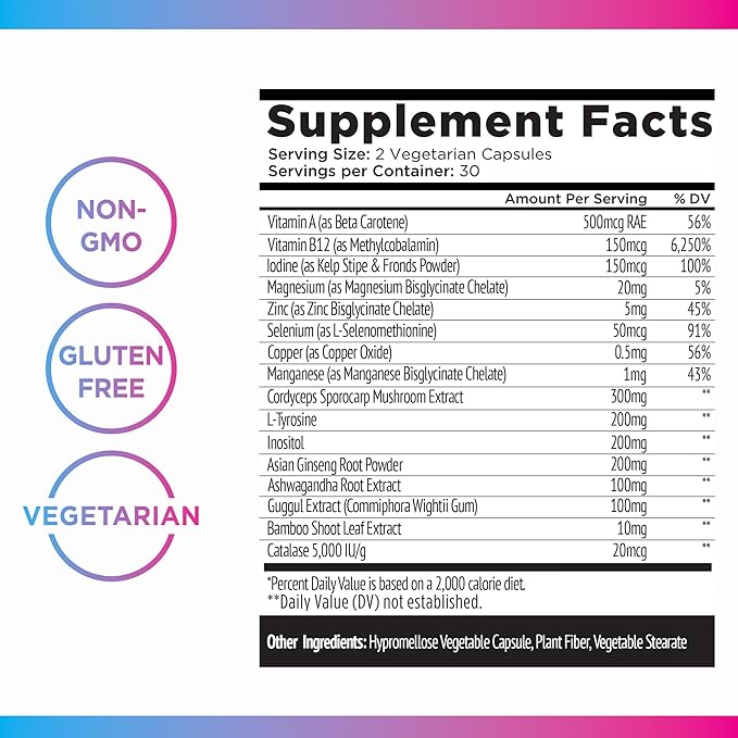 Livingood Daily Thyroid Support for Women & Men, 60 Vegetarian Capsules - Adaptogenic Herbs, Selenium & Iodine Supplement (from Kelp & Fronds) Support Metabolism, Hormone Balance, Mood, Thyroid Health