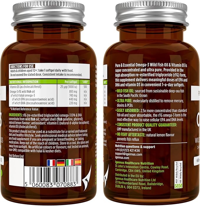 Igennus Advanced rTG Omega-3 IFOS Certified Wild Fish Oil & Vitamin D3, 1-a-Day, Fatty Acids EPA & DHA, Fast-Acting Triglyceride Form, Ultra Pure & Non-GMO, 60 Softgels