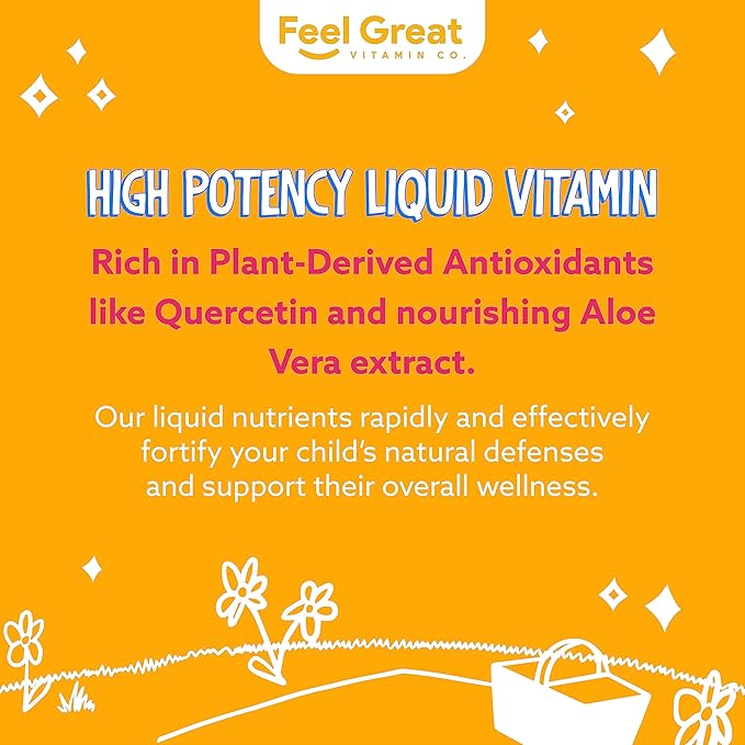 Feel Great Sugar Free Kids Multivitamin – Liquid Multivitamin | Essential Vitamins for Immune Support | Orange Flavored, Vegetarian Formula | 30 Day Supply