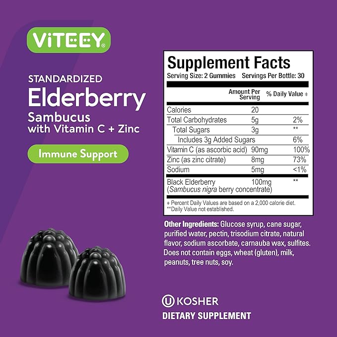 Viteey Sambucus Elderberry Gummies for Adults – Elderberry Vitamin C and Zinc Immunity Gummies - Vegan, Gluten-Free – 120 Count
