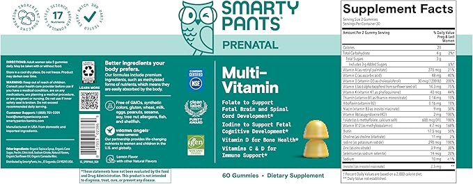 SmartyPants Prenatal Vitamins for Women, Multivitamin Gummies: Pre and Postnatal Vitamins, Biotin, Methylfolate, Vitamin D3, C, Vitamin B12, B6, A, K & Zinc, Inositol, 60 Count (30 Day Supply)