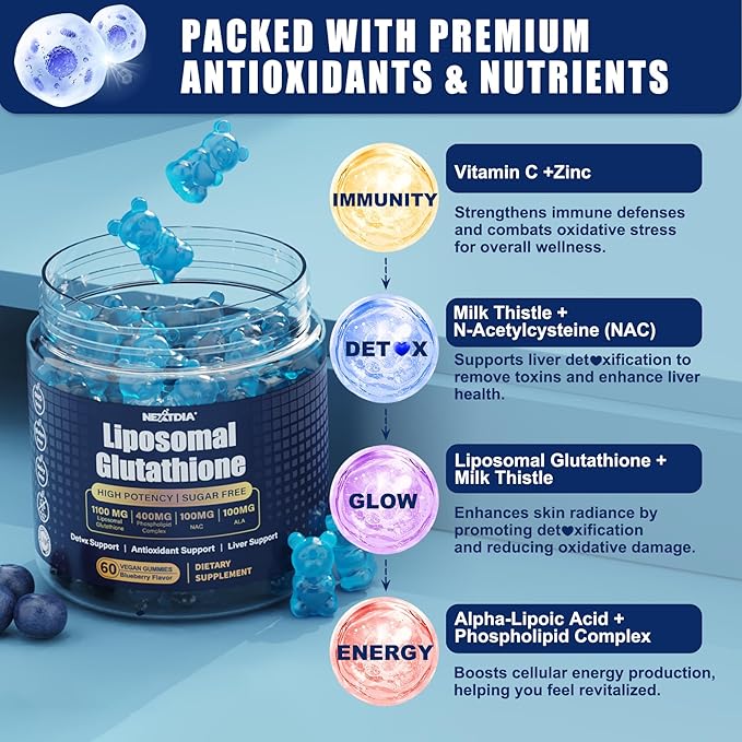Liposomal Glutathione Gummies Chews, 1100mg Concentrated Formula(Made in USA) - 98% Bioavailable w/Vitamin C, ALA, NAC & Milk Thistle for Antioxidant - Liver Cleanse Detox Supplement, Vegan, 120 ct