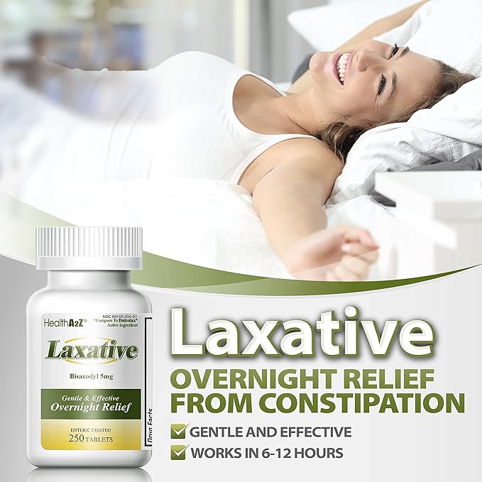 HealthA2Z Laxative Bisacodyl 5mg | 250 Counts | Gentle and Fast Overnight Relief for Constipation