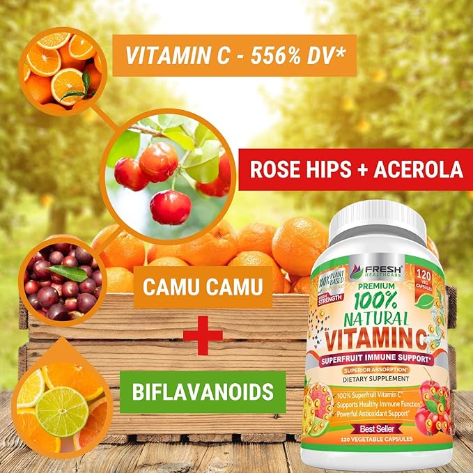 Fresh Healthcare 100% Natural Vitamin C - 500mg from Rose HIPS, Acerola Cherry & Camu Camu - High Absorption Immune Support, Skin, Joint & Collagen Booster with Citrus Biflavonoids - 120 Capsules
