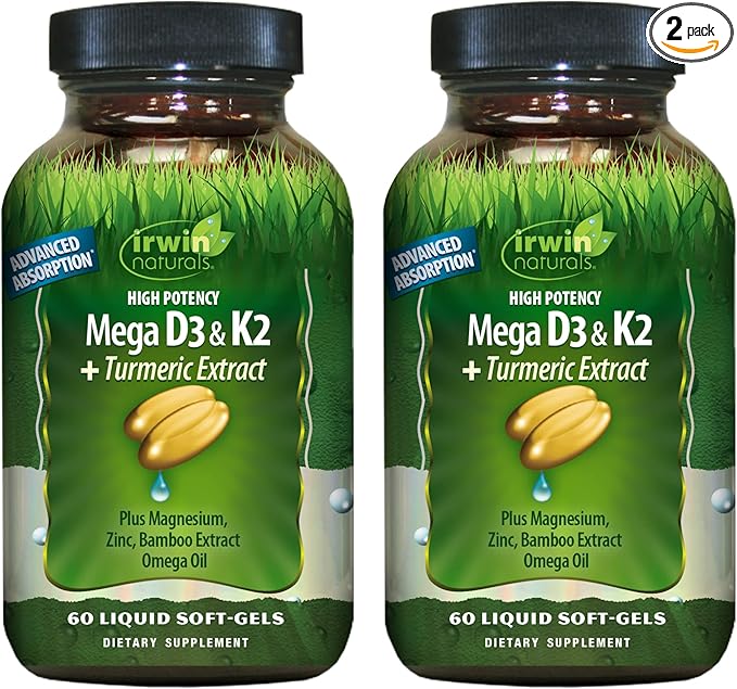 Irwin Naturals High Potency Mega D3 & K2 + Turmeric Extract for Healthy Bones, Immune Function & Positive Mood - Advanced Absorption with Magnesium, Turmeric, Bamboo & Omega Oil - 60 Liquid Softgels