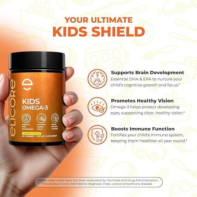 Kids Omega 3 Gummies - DHA & EPA Fish Oil Supplement for Brain, Vision & Immune Health - Non-GMO, Gluten-Free Orange Flavor Chewable Omega 3 for Kids Gummy 4+ - 60 Count