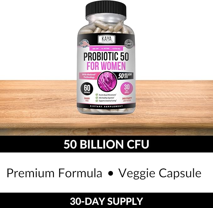 Kaya Naturals Probiotic 50 Billion CFU - Probiotics for Women, Probiotics for Men and Adults, Natural - Gut Health & Immune Support Supplement - Provides Digestive Support - 60 Vegetable Capsules