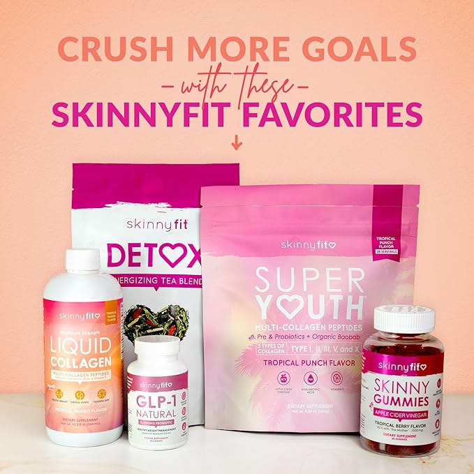SkinnyFit - Super Youth, Tropical Punch (30 Servings) - Multi Collagen Peptides Powder - Probiotics, Fiber, Hyaluronic Acid - Collagen for Women - Non GMO, Gluten Free, Sugar Free - Beauty & Self Care
