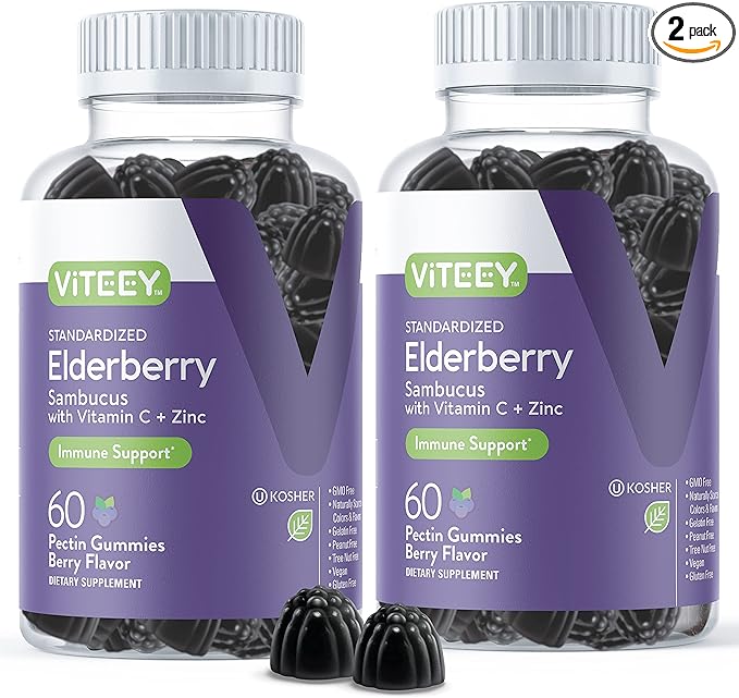 Viteey Sambucus Elderberry Gummies for Adults – Elderberry Vitamin C and Zinc Immunity Gummies - Vegan, Gluten-Free – 120 Count
