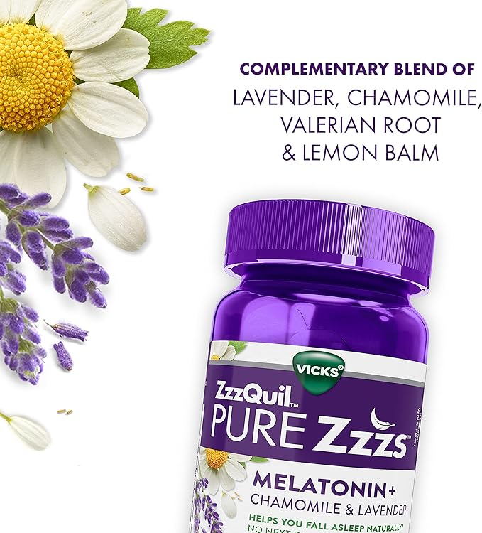 ZzzQuil Pure Zzzs, Melatonin Sleep Aid Gummies with Lavender, Valerian Root and Chamomile, Natural Wildberry Vanilla Flavor, Non-Habit Forming, Drug-Free, 48 Count (Pack of 3)