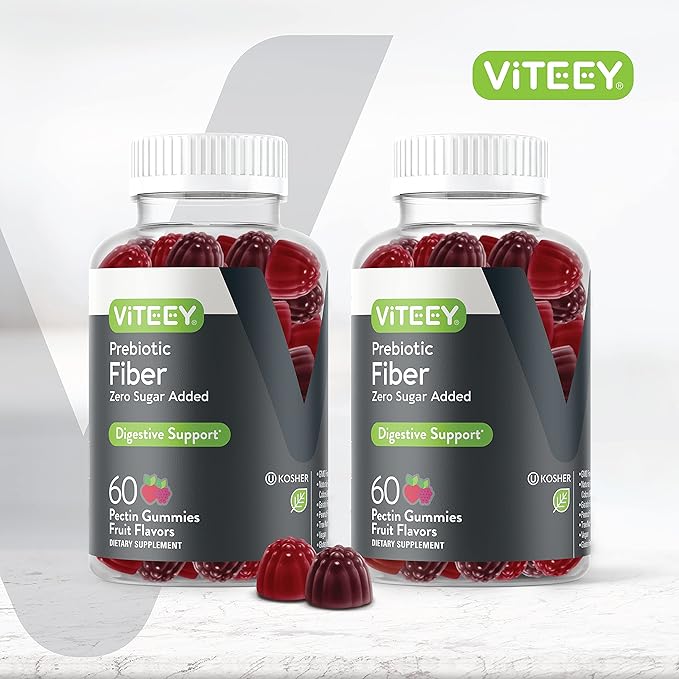 VITEEY Prebiotic Fiber Gummies for Adults, 4g - Zero Sugar Added - Fiber Supplement for Digestive Health Regularity & Natural Weight Support-Vegan, Gelatin Free - Chewable Fruit Flavored Gummy 2 Pack