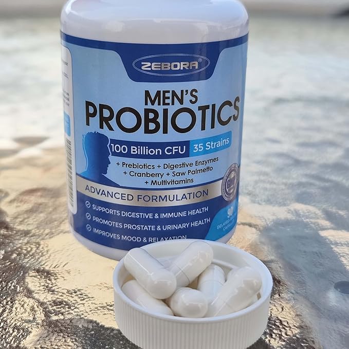 ZEBORA Probiotics for Men 100 Billion CFU - Probiotics for Digestive Health, Men's Probiotic Supplement, Prebiotics & Enzymes, for Prostate Health with Saw Palmetto | 90 Veg Capsules