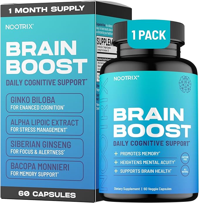 Brain Boost Nootropic Supplement | Supports Memory, Mental Focus, Cognitive Health & Energy | Promotes Healthy Mood & Brain Function | Ginkgo Biloba & DMAE | 60 Capsules