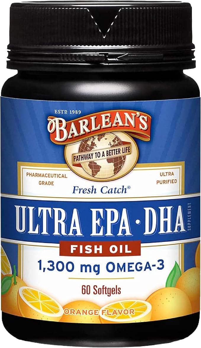 Barlean's Fish Oil Omega 3 Supplement, High Potency Ultra EPA DHA Fatty Acid Softgels, 1000mg Orange Flavored Fish Oil Pills, 60 Count
