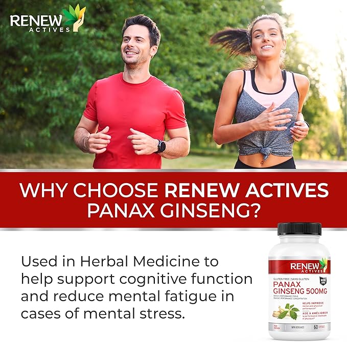 RENEW ACTIVES Panax Ginseng 1000MG per 2 Capsules – Boosts Physical & Cognitive Health, Enhances Energy, Supports Mental Clarity & Focus, Promotes Performance & Vitality – Made in Canada – 60 Capsules