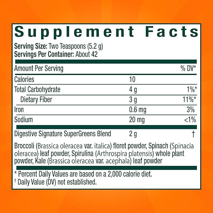 Metamucil Greens SuperFood Powder Fiber Supplement for Digestive Health* and Regularity*, Gluten Free Plant-Based Stevia, Great Taste Kiwi Apple Flavored, 3g Dietary Fiber per Serving, 42 Servings