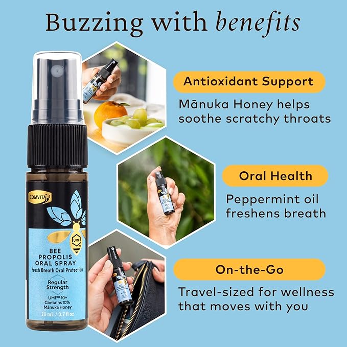 Comvita Bee Propolis Throat Spray - Natural Immune Support, Soothing Mint Flavor with New Zealand UMF 10+ Manuka Honey, Antioxidant, Dietary Supplement - 0.7 fl oz, Pack of 2