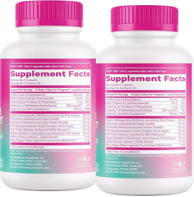 Pink Stork Postpartum Mood Support - Postnatal Hormone Balance for Women - Breastfeeding Friendly - Stress & Cognitive Support, New Mom Essentials - Ashwagandha, Chamomile, & Vitamin D, 120 Capsules