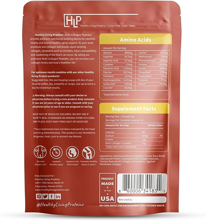 Healthy Living Proteins - Hydrolyzed Multi Collagen Peptides Powder Types I, II, III, V & X - Grass Fed Bovine, Wild Caught Marine, Free Range Chicken - Gluten Free (Unflavored 10 oz)