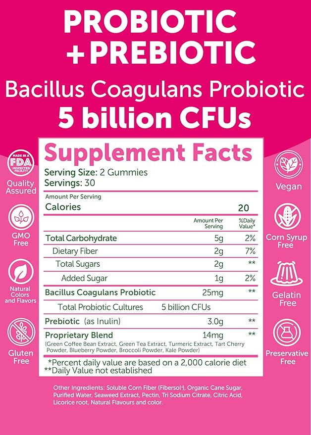 Lunakai USA Made Prebiotic + Probiotic Gummies for Women and Men - High Potency 5 Billion CFUs with Fibers - Non-GMO Gut Health Support 60ct