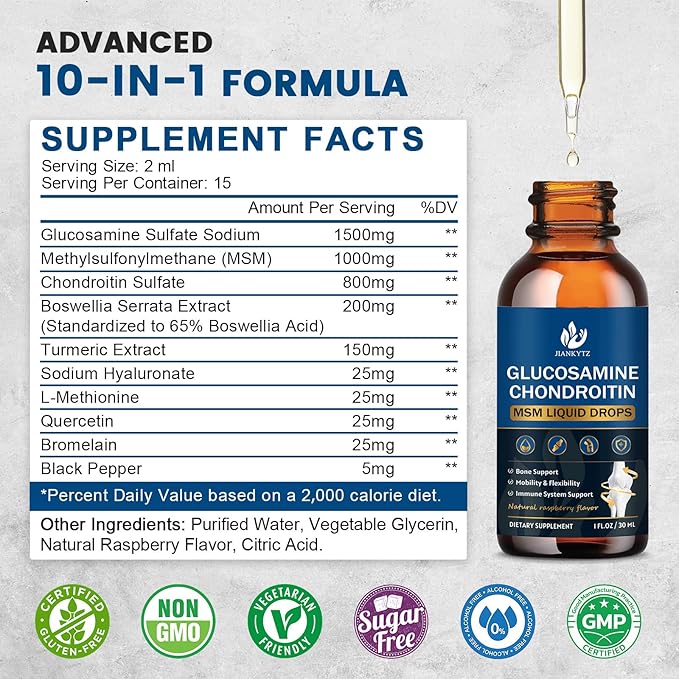 (2 Pack) Glucosamine Chondroitin MSM Liquid Drops, High Absorption, Antioxidant, Immune, Bone Support, MSM Supplement for Men & Women, Vegan, Sugar-Free, Raspberry Flavor, 1 Fl Oz