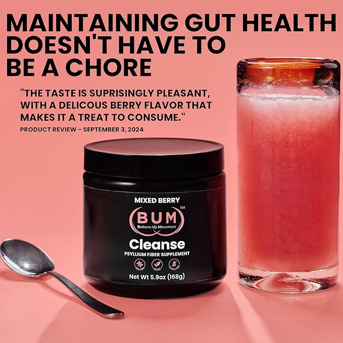 (Bum) Psyllium Husk Fiber Powder, Mixed Berry Flavored Drink with Stevia, Colon Cleanse for Bloating Relief & Digestive Health, Daily Soluble Fiber Supplement, Sugar & Gluten Free, Vegan, 30 Servings
