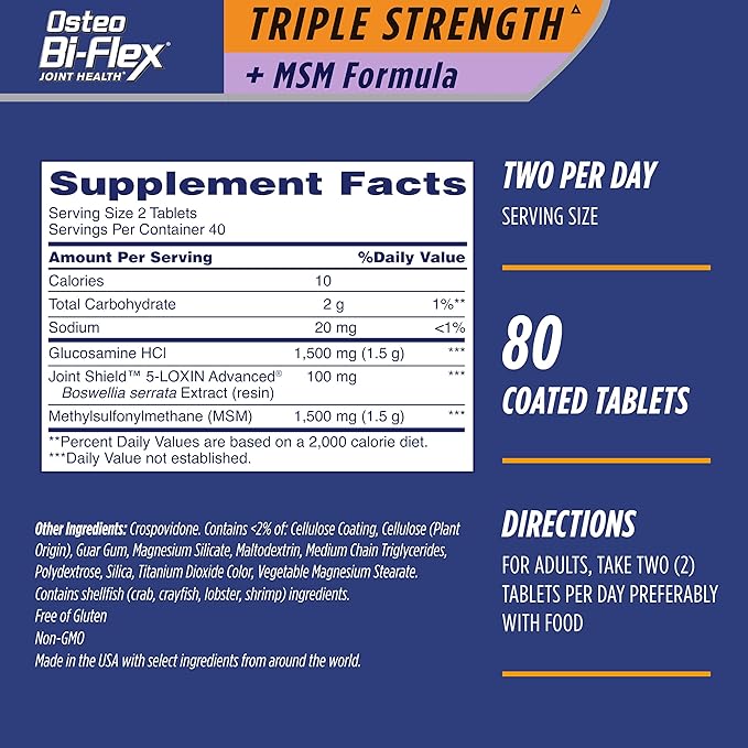 Osteo Bi-Flex Triple Strength(5) with MSM, Glucosamine Joint Health Supplement, Coated Tablets, 80 Count (Pack of 2)