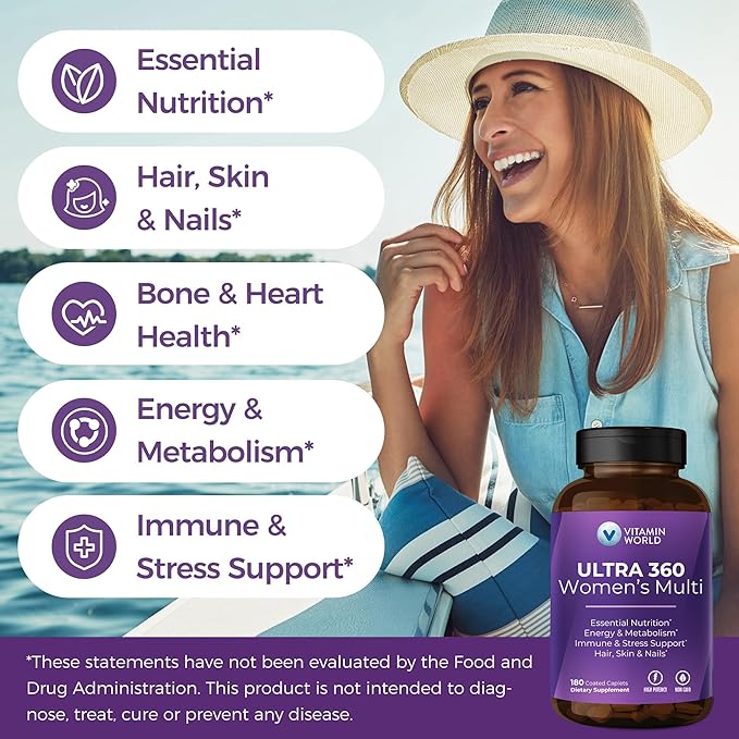 Vitamin World Ultra 360 Multivitamin for Women, Women's Multivitamin with Herbs & Collagen for Hair, Skin & Nails, Supplement with Iron, Vitamin A, B, C, D, E for Energy & Immune Support, 180 Caplets