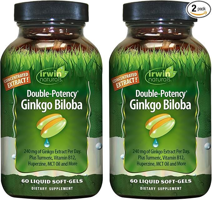 Irwin Naturals Double-Potency Ginkgo Biloba - 60 Liquid Soft-Gels, Pack of 2 - Brain Health Support - 30 Total Servings