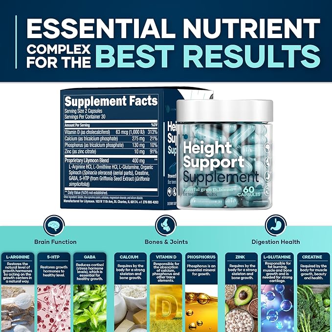Height & Bone Support Supplement - Made in USA - Premium Height Growth Supplement for Kids & Teens with Calcium - Nutritional Support Bone Health Formula - Height Increase Essential Vitamins - 60 Caps