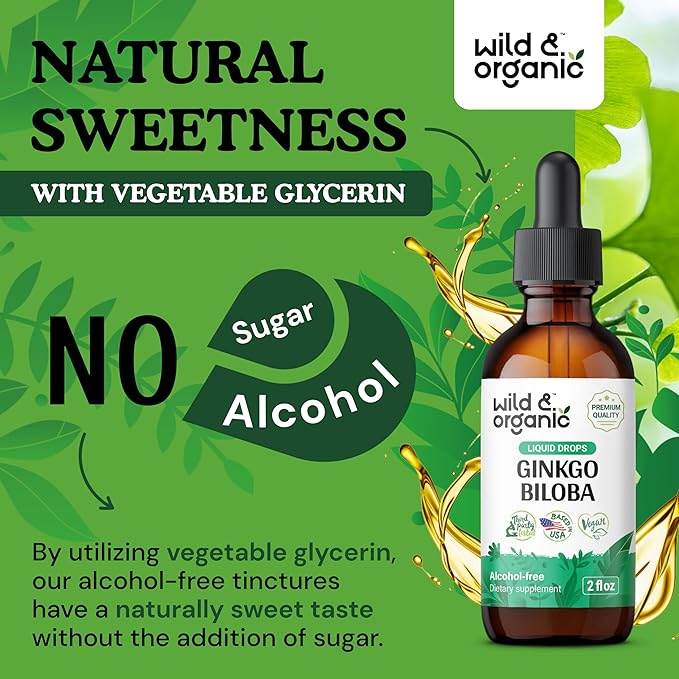 Wild & Organic Ginkgo Biloba Tincture - Brain & Focus Support with Ginkgo Leaf Supplement - Vegan, Sugar & Alcohol-Free Herbal Extract Tincture - 2 fl oz