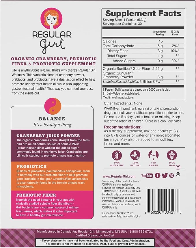 Regular Girl Wellness - Organic Cranberry, Prebiotic Fiber & Probiotic Supplement, 30 Servings