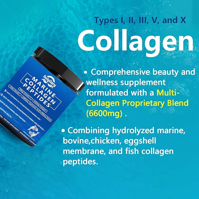Collagen Peptides Powder for Women, Multi Marine Hydrolyzed for Healthy Hair, Skin, Nails with Hyaluronic Acid, Biotin, Vitamin C, 30 Servings (10.6 OZ, Strawberry)