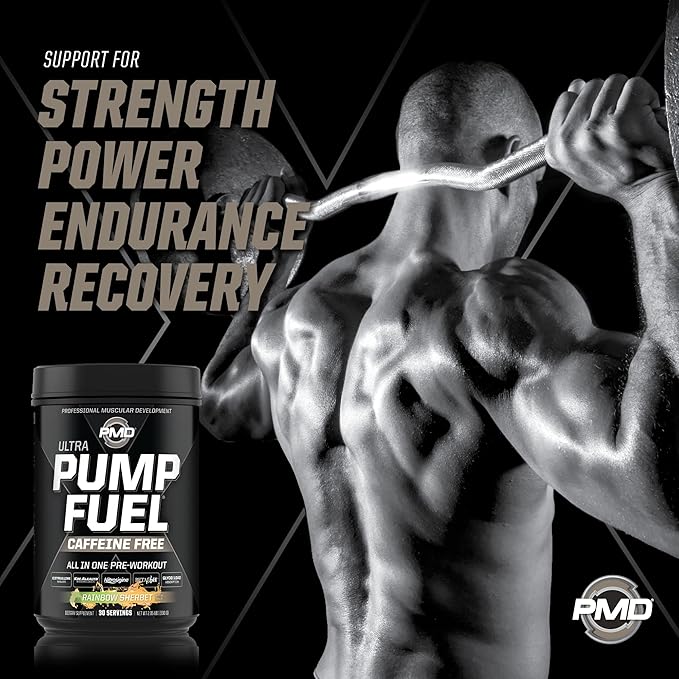 PMD Sports Ultra Pump Fuel Caffeine Free - Pre Workout Drink Mix - Energy, Strength, Endurance, Recovery Complex Carbohydrates and Amino Energy - Rockin Rainbow Sherbet (30 Servings)