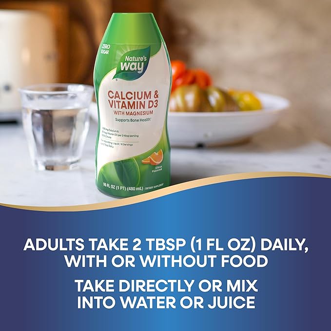 Nature's Way Calcium & Vitamin D3 with Magnesium Liquid Supplement*, Supports Bone Health*, Fast Absorbing Liquid, Gluten Free, Sugar Free, Citrus Flavored, 16 Fl Oz (Packaging May Vary)
