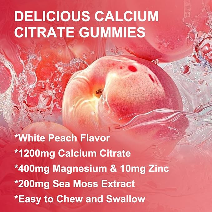 Calcium Citrate 1200mg Gummies with Vitamin D3, K2 - Chewable Calcium Magnesium Zinc d3 Supplement with Sea Moss Extract for Bone, Teeth, Immune Support for Women & Men, Peach Flavor-60 Gummies(2Pack)