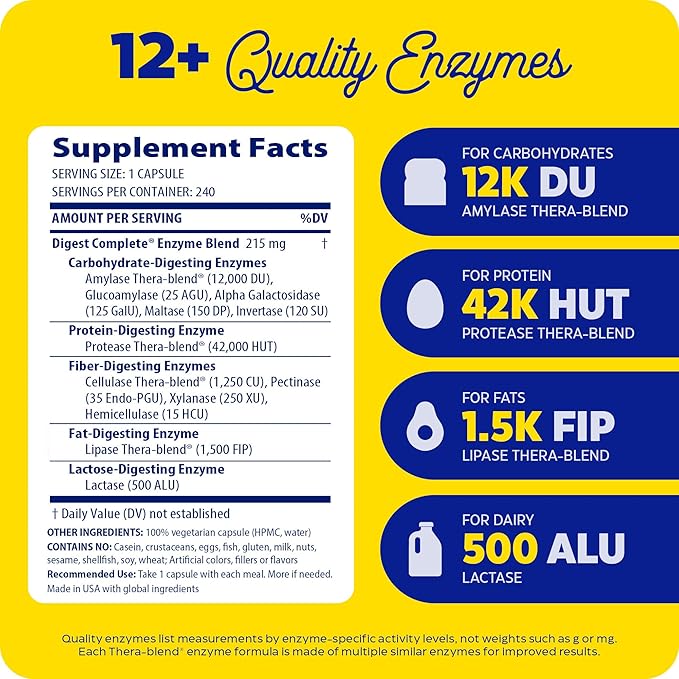 Enzymedica Digest, Full-Range, Everyday Digestive Enzymes, Offers Fast-Acting Gas & Bloating Relief, 240 Count