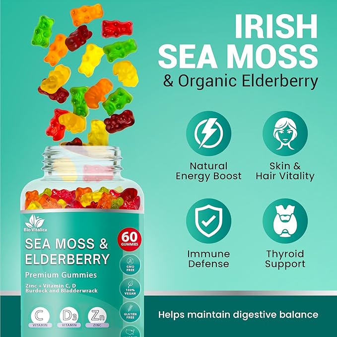 BIO VITALICA Sea Moss Gummies Elderberry BioVitalica - Vitamin C D + Zinc - Irish Seamoss Vegan Gummy with Sea Moss Gel & Powder for Immunity, Detox - for Adults and Kids (3Packs)
