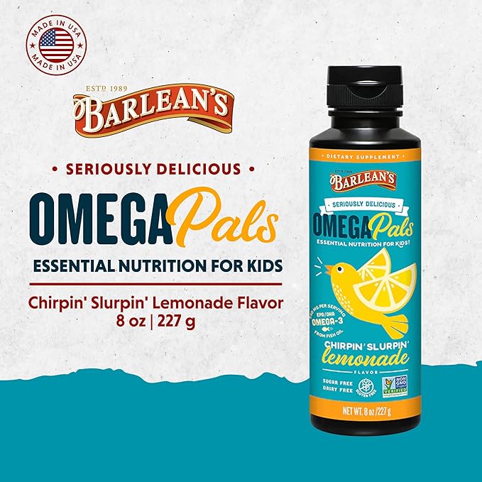 Barlean's Omega Pals Chirpin' Slurpin' Omega 3 for Kids, Yummy Lemonade Flavored Children's Liquid Fish Oil Supplement with 540 mg of EPA and DHA for Brain and Eye Health, 8 oz