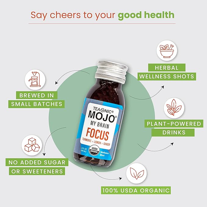 TEAONIC My Brain Mojo: Focus Wellness Shots - USDA-Certified Vegan Formula with Ginkgo Biloba, Ginger, Turmeric - 12 Bottles x 2 Fl Oz Each - Gluten-Free, Non-GMO