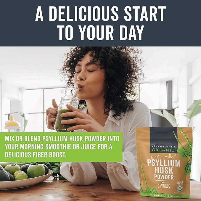 Viva Naturals Organic Psyllium Husk Powder, 10 oz - Finely Ground, Unflavored Plant Based Superfood - Good Source of Fiber for Gluten-Free Baking, Juices & Smoothies - Certified Vegan, Keto and Paleo