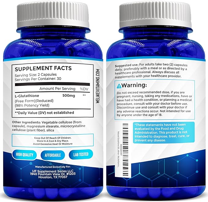 We Like Vitamins L Glutathione Supplement 500mg Per Serving | Manufactured in USA | 60 Glutathione Capsules | Highly Bioavailable Reduced Glutathione Supplement | Glutathione for Antioxidant