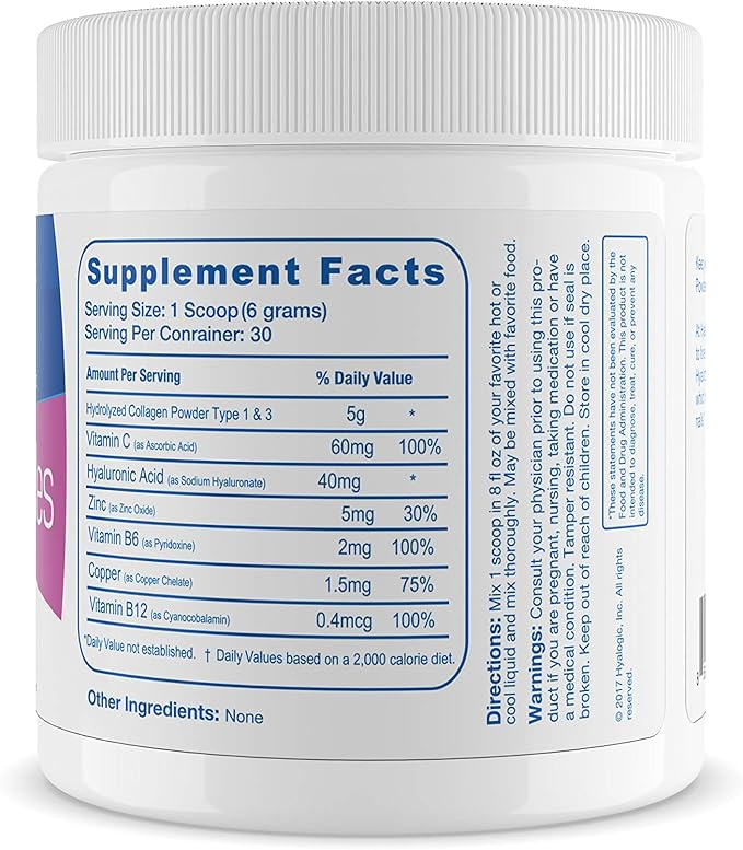 Hyalogic Collagen Peptides Powder w/Hyaluronic Acid, Hydrolyzed Types 1 & 3, Grass Fed, Keto Protein Powder Supplement for Hair Growth, Skin, Nails Unflavored Easy to Mix 6.4 oz (180 gr.)