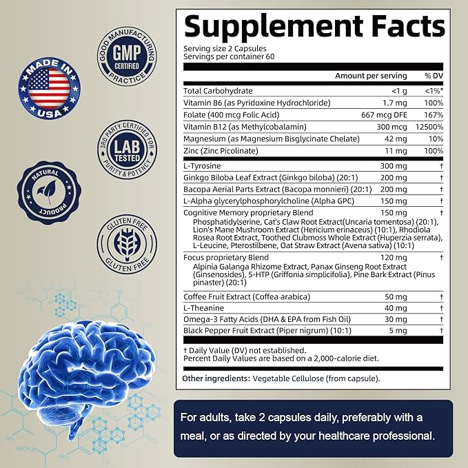 25 in 1 Brain Supplements for Memory and Focus & Neuro Health - Daily Brain Nootropic Cognitive Supplement with L-Tyrosine, Bacopa Monnieri, Ginkgo Biloba, Alpha GPC - Non-GMO, Gluten Free, Vegan