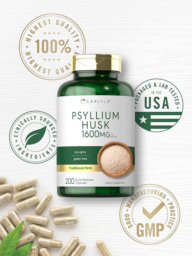 Carlyle Psyllium Husk Capsules | 1600mg | 200 Count | High Potency Fiber Supplement | Non-GMO, Gluten Free