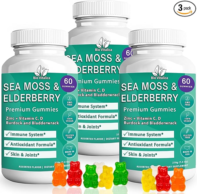 BIO VITALICA Sea Moss Gummies Elderberry BioVitalica - Vitamin C D + Zinc - Irish Seamoss Vegan Gummy with Sea Moss Gel & Powder for Immunity, Detox - for Adults and Kids (3Packs)