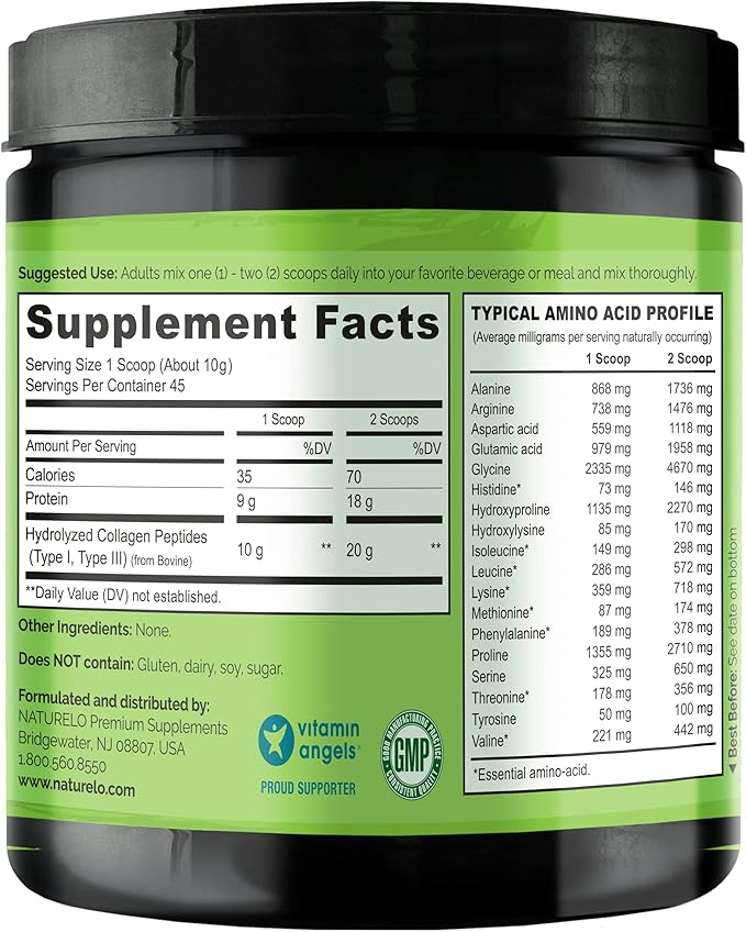 NATURELO Collagen Peptide Powder, Hydrolyzed Collagen Type I & III, Skin Hair & Joint Health - Unflavored, 16 Ounces (Pack of 2) | 90 Servings