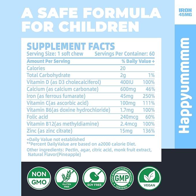 Iron Soft Chews Supplement with Vitamin C | Strawberry Flavored | Gluten Free | Iron Supplement for Women Men and Kids | 60 Count | 2 Month Supply